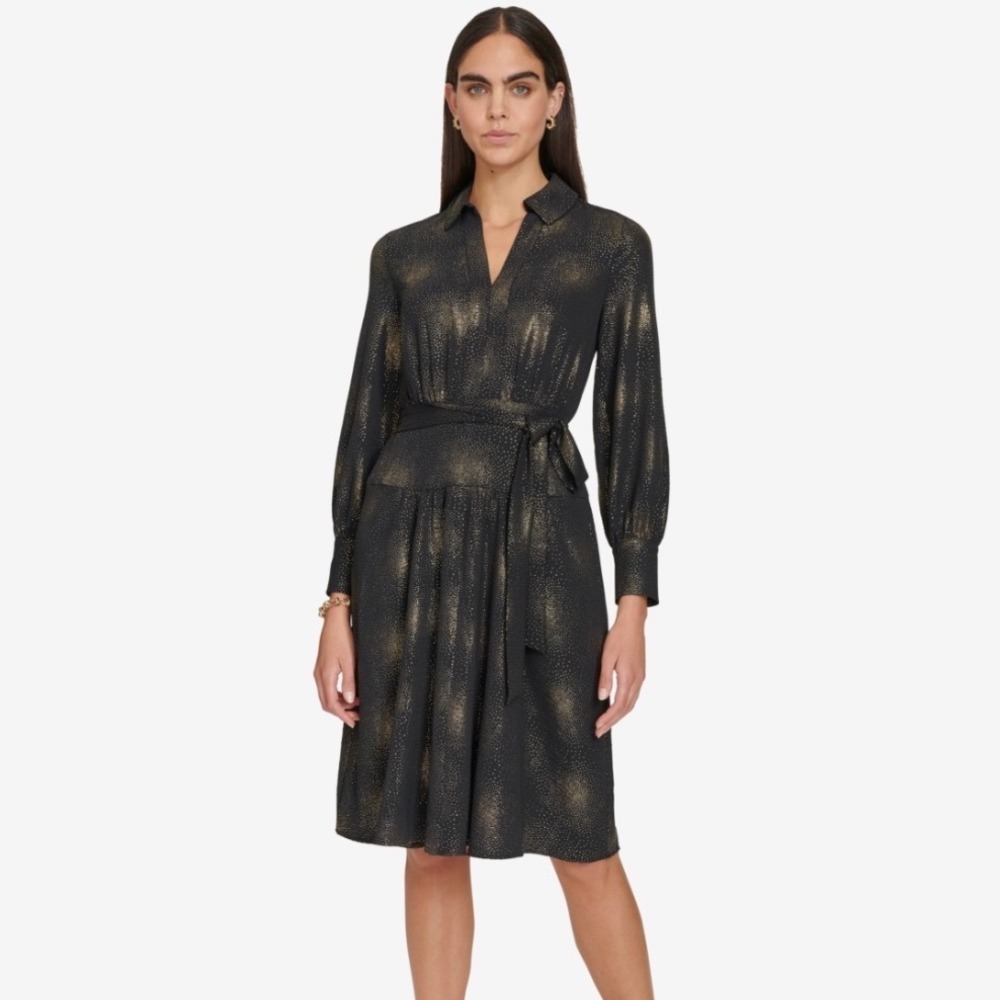 Calvin Klein Shirt Dress Women 16 NWT Black Gold Foil Dot Tie Waist MSRP $149